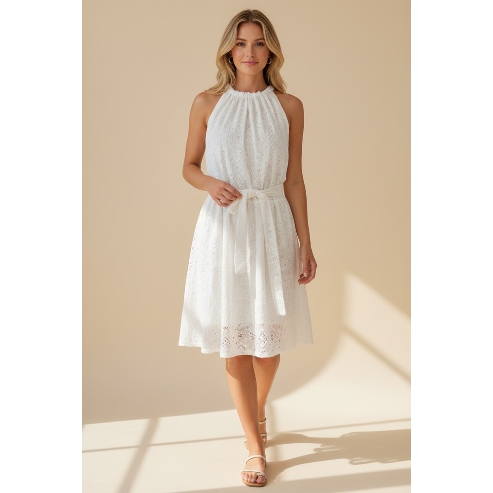 White‎ Eyelet Lace Size Large Halter Neck Tie Waist Dress Summer Cottagecore